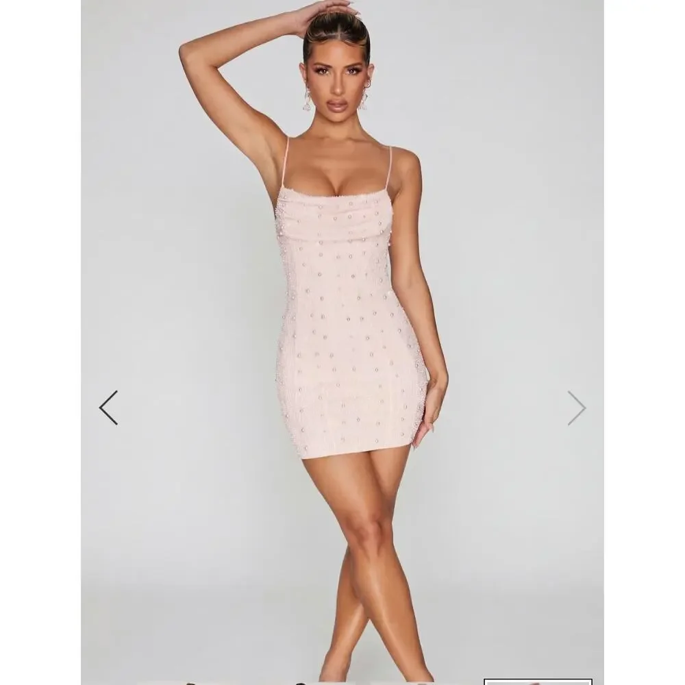 Oh Polly | Dresses | Oh Polly Embellished Bodycon Mini Dress Size 8 Pink  Spaghetti Strap Open Back | Poshmark